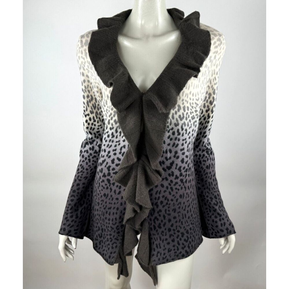 Magaschoni Cashmere Ombre Leopard Ruffle Cardigan Women XL Long Sleeve Brown